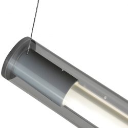 Detail foto van een transparante LED buis hanglamp met de focus op het grijze buisje dat over de interne LED buislamp is geschoven.