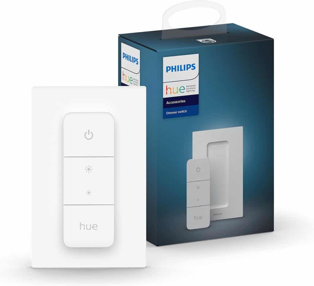 Philips Hue dimmer switch is een afstandsbediening met een wandhouder waar je de afstandsbediening gemakkelijk in kunt klikken.