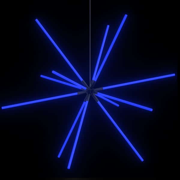 FLiRD 3D Ster, hanglamp met een ronde metalen bal waaruit 12 blauw gekleurde opaal buizen met een diameter van 40mm uitsteken.