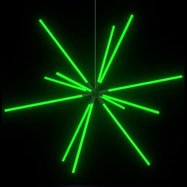 FLiRD 3D Ster, hanglamp met een ronde metalen bal waaruit 12 groen gekleurde opaal buizen met een diameter van 40mm uitsteken.