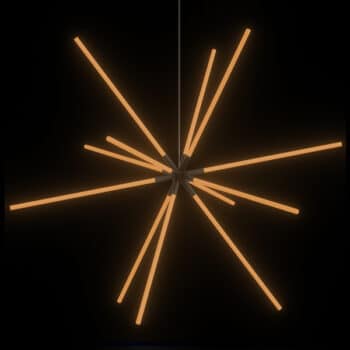 FLiRD 3D Ster, hanglamp met een ronde metalen bal waaruit 12 oranje gekleurde opaal buizen met een diameter van 40mm uitsteken.Armatuur staat uit.